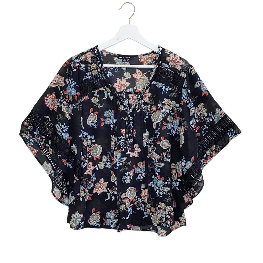 Zac & Rachel Top Women's Large Batwing Boho Black Floral V-Neck Semiβ Witchie